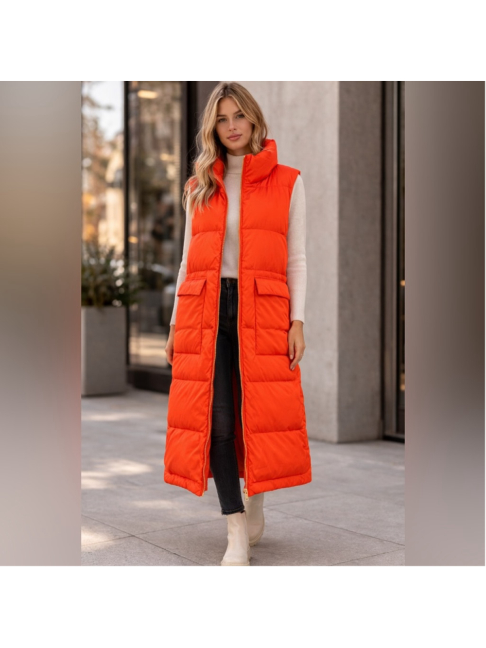 Culture Long Orange Down Puffer Vest | 90% Down | Sleeveless | Size S | NWT